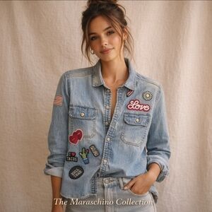 American Eagle Patch Denim Oversized Shirt | XS